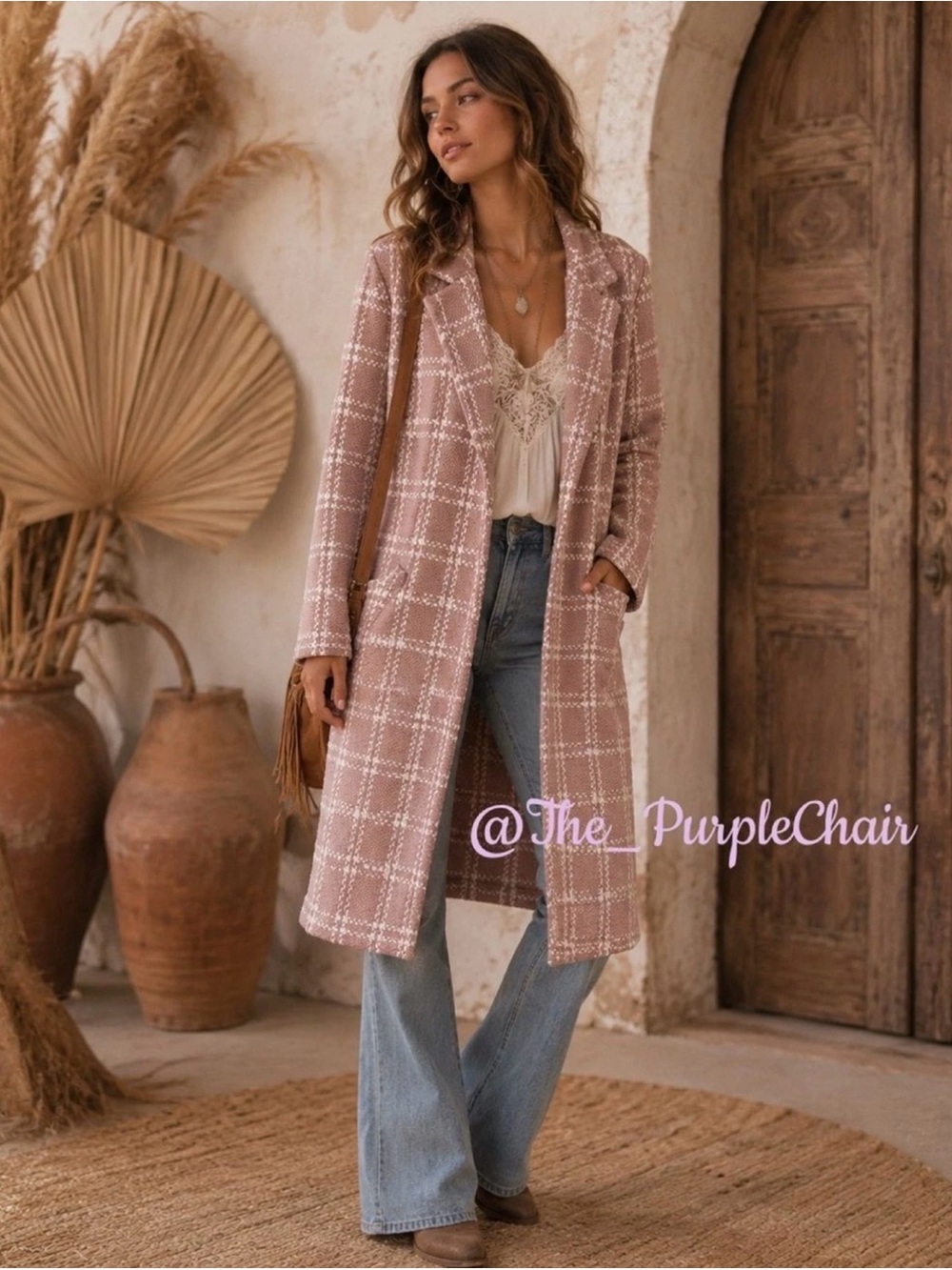 NWT Dusty Rose Windowpane Plaid Open Front Knit Longline Duster Jacket L